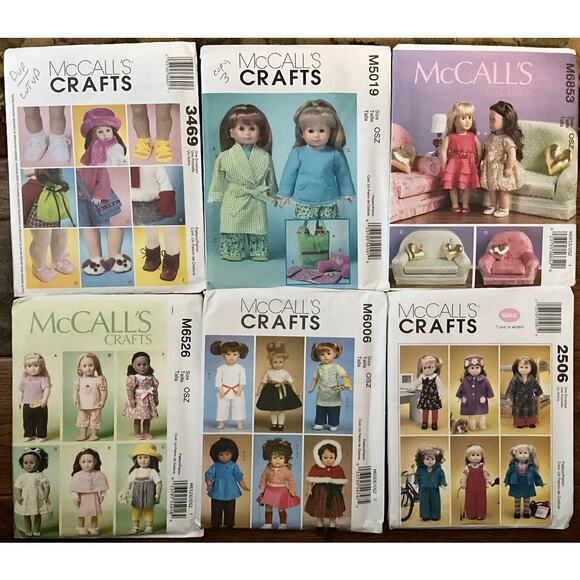 6 NEW Patterns 5 McCall's 18" Doll Clothes and 1 McCall's Accessories 18" Doll - Picture 1 of 3